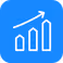 Bar chart trending upward icon in white on a blue background